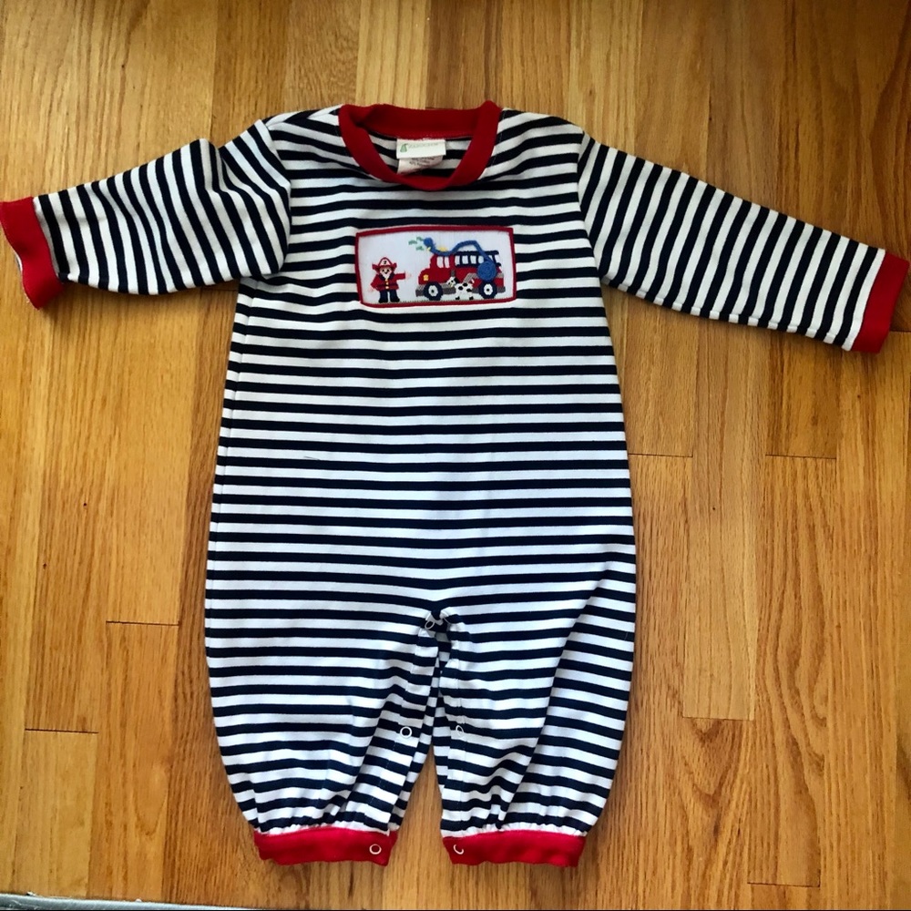 Zuccini Knit Smocked Firetruck Romper/Longall